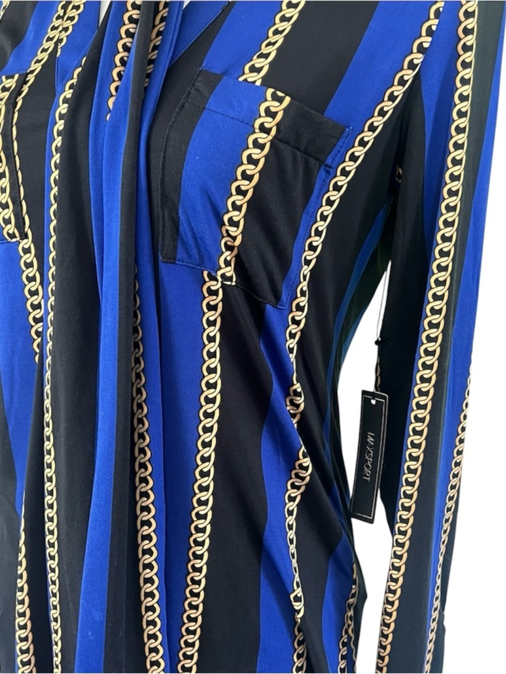 NWT MaxSport Chain Print Pattern Neck Tie Long Sleeve Cobalt Blouse Size Medium - Picture 11 of 13